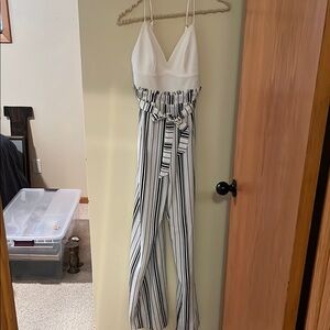 White and Black Striped Jumpsuit